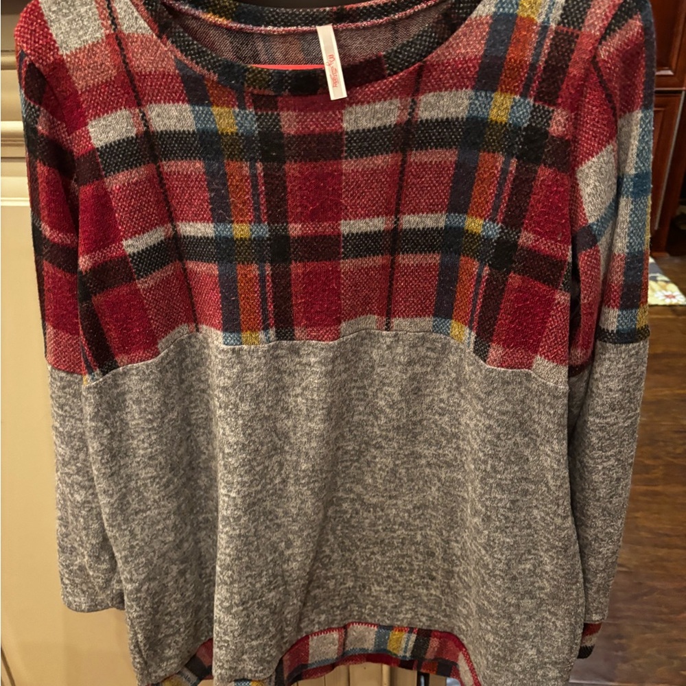 Plaid Red and Gray Women's Sweater